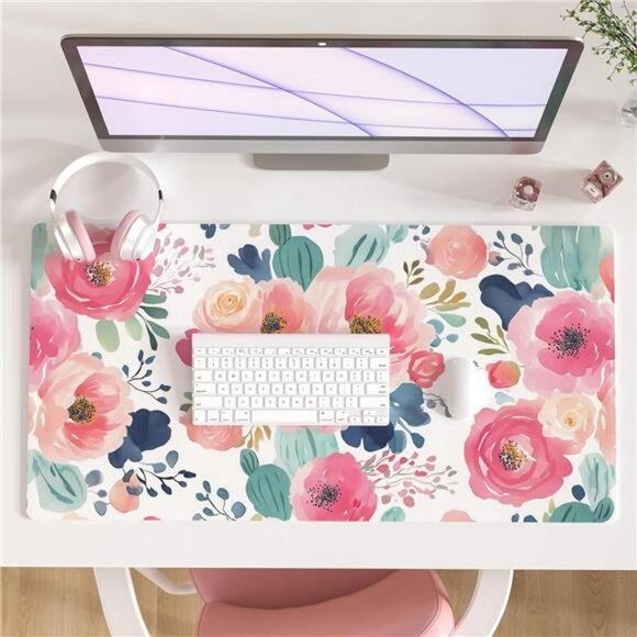 Large Pink Floral Desk Mat Mouse Pad Waterproof PU Leather Computer Desk Cover - Picture 1 of 8